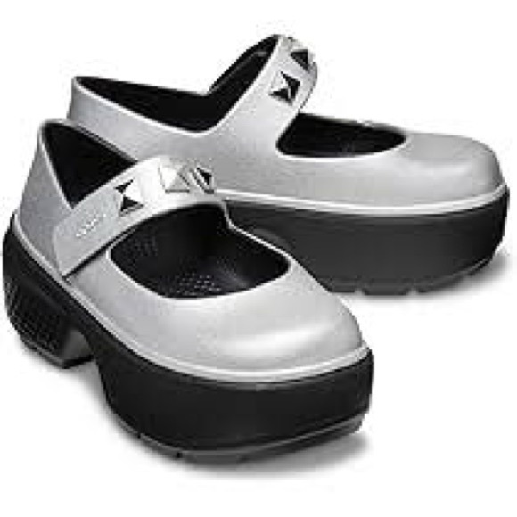 Crocs Stomp Mary Jane Ballerinas silver studded clogs women’s size 7 - Picture 1 of 8